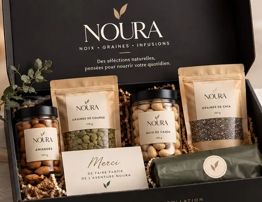 Coffret NOURA ouvert : amandes, noix de cajou, graines de courge et graines de chia